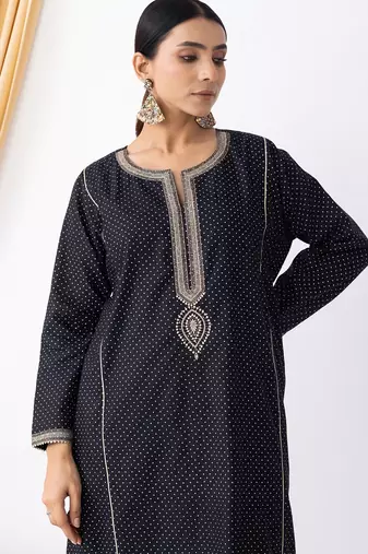 Black art silk geometric print kurta set