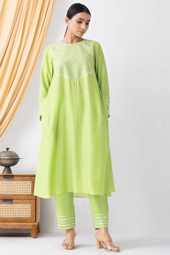 Black art silk geometric print kurta set