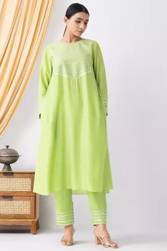 Black art silk geometric print kurta set