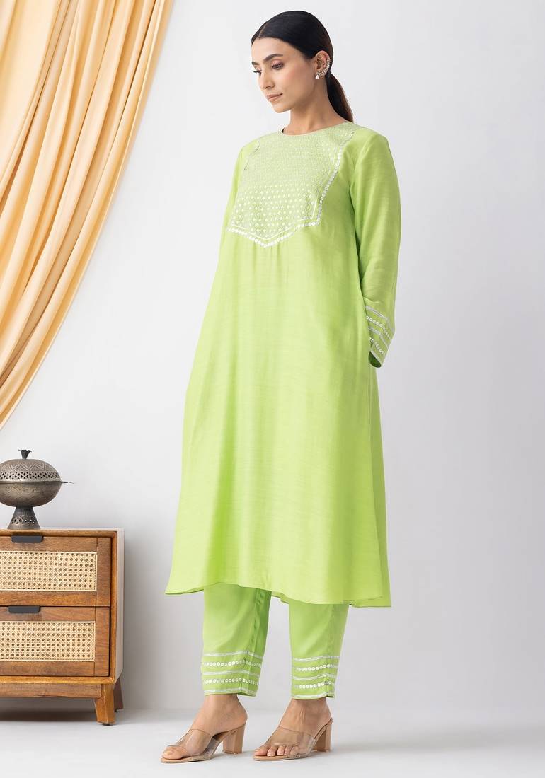 Black art silk geometric print kurta set