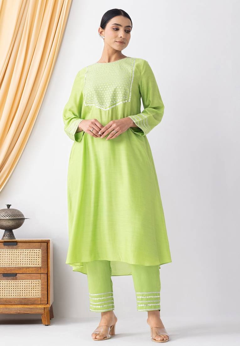 Black art silk geometric print kurta set