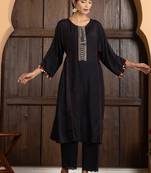 Black art silk geometric print kurta set