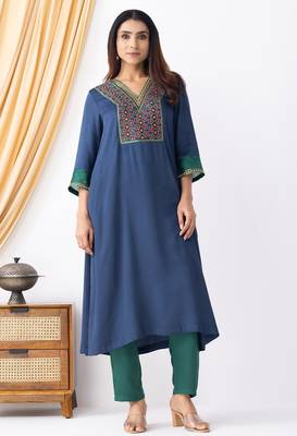 Blue modal geometric print kurta set 1