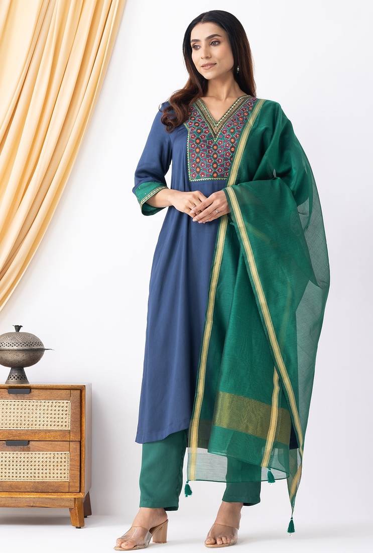 Blue modal geometric print kurta set