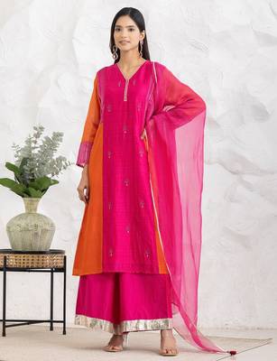 Fuchsia chanderi silk floral print kurta set 1