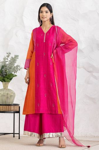 Fuchsia chanderi silk floral print kurta set