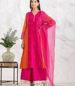 Fuchsia chanderi silk floral print kurta set