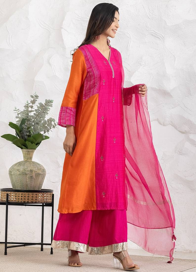 Fuchsia chanderi silk floral print kurta set