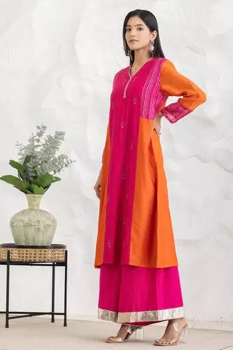 Fuchsia chanderi silk floral print kurta set