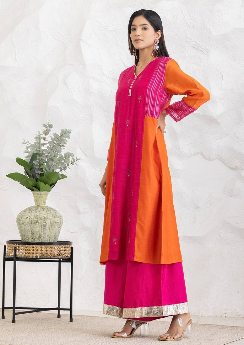 Fuchsia chanderi silk floral print kurta set
