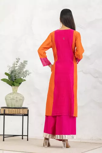 Fuchsia chanderi silk floral print kurta set