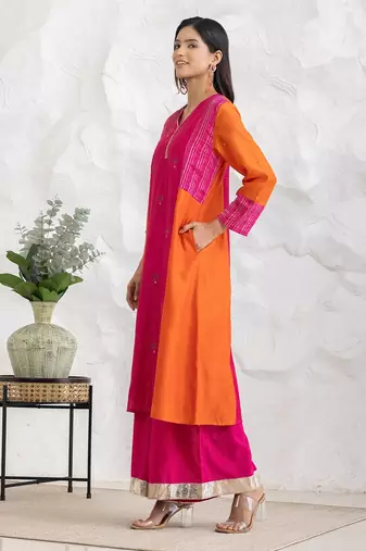 Fuchsia chanderi silk floral print kurta set