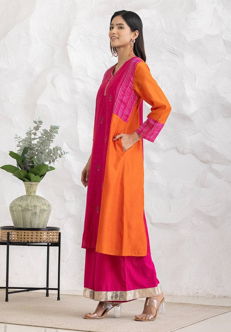 Fuchsia chanderi silk floral print kurta set