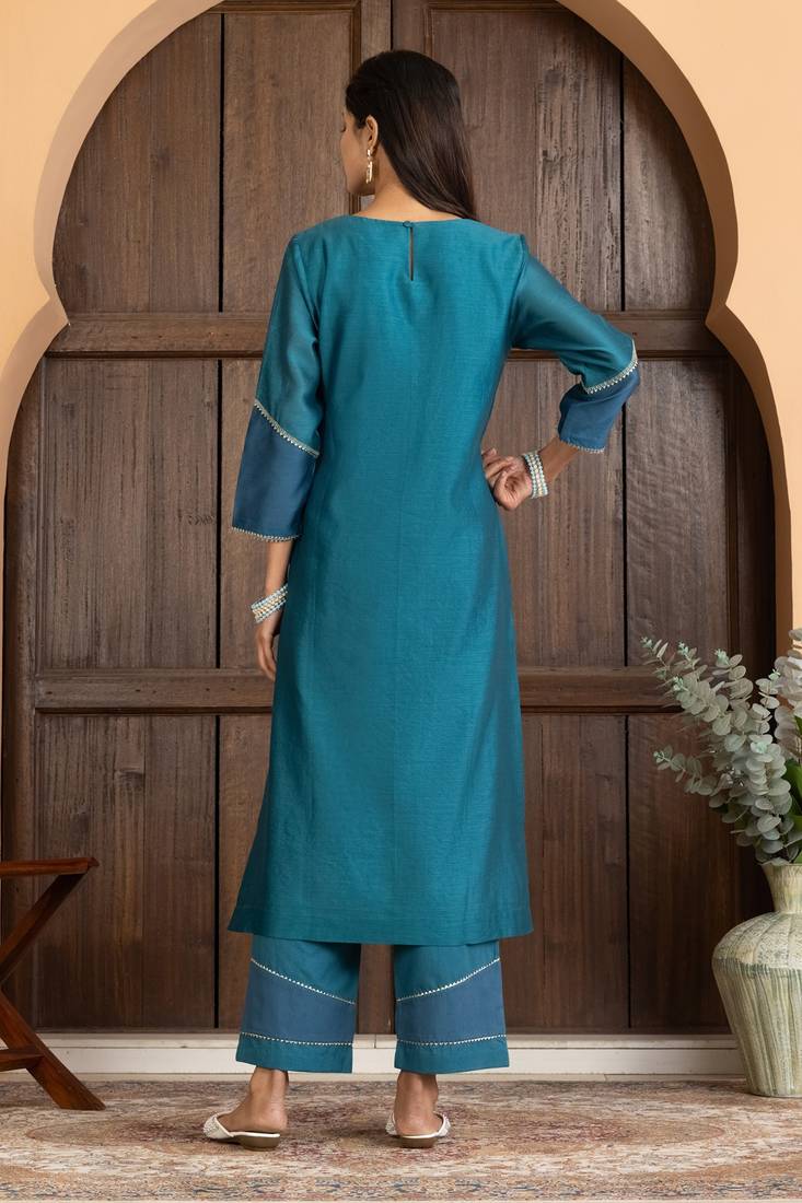 Blue chanderi silk woven kurta set