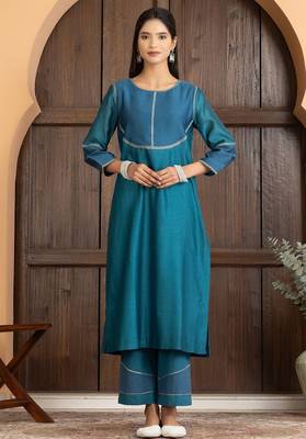 Blue chanderi silk woven kurta set 1