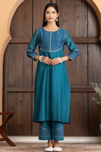 Blue chanderi silk woven kurta set