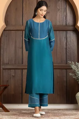 Blue chanderi silk woven kurta set