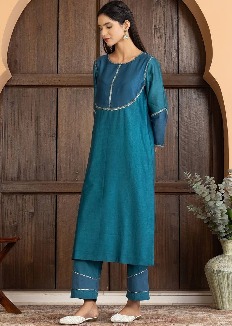 Blue chanderi silk woven kurta set