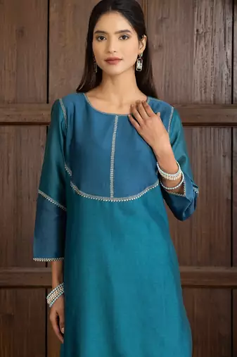 Blue chanderi silk woven kurta set