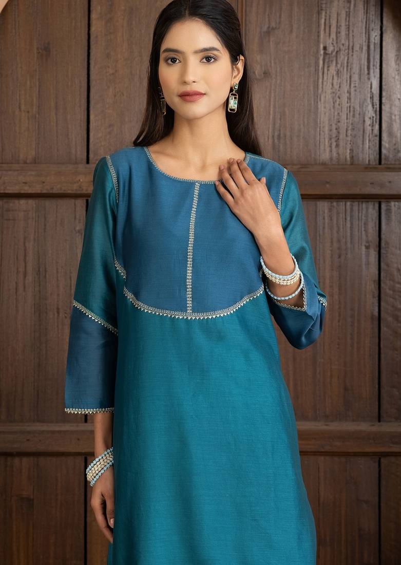Blue chanderi silk woven kurta set