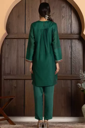 Green chanderi silk geometric print kurta set