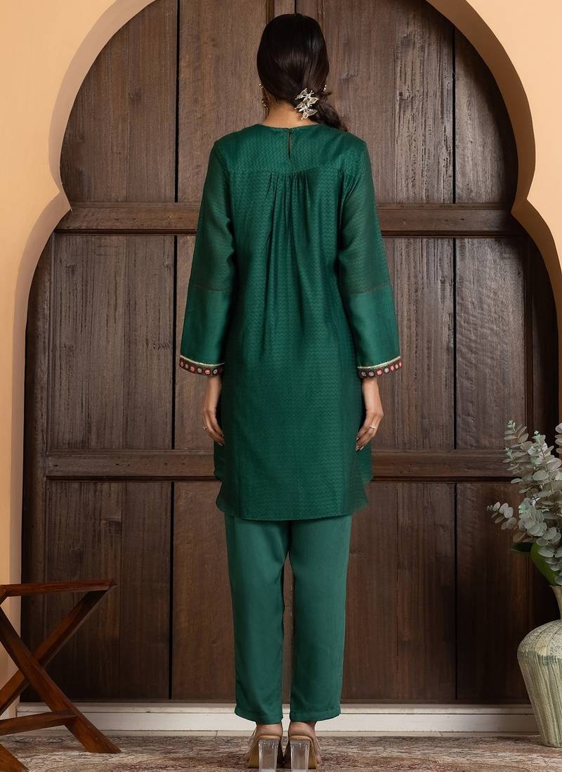 Green chanderi silk geometric print kurta set