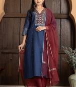 Blue chanderi silk geometric print kurta set