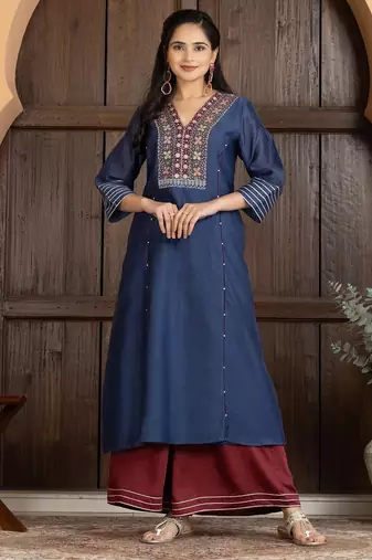 Blue chanderi silk geometric print kurta set