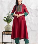 Red chanderi silk geometric print kurta set