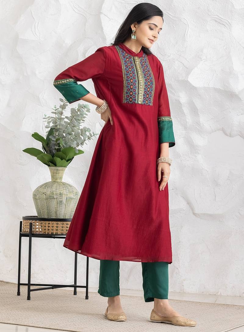 Red chanderi silk geometric print kurta set