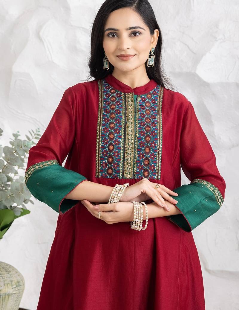 Red chanderi silk geometric print kurta set