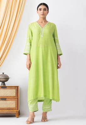 Light green art silk sequins work kurta set 1