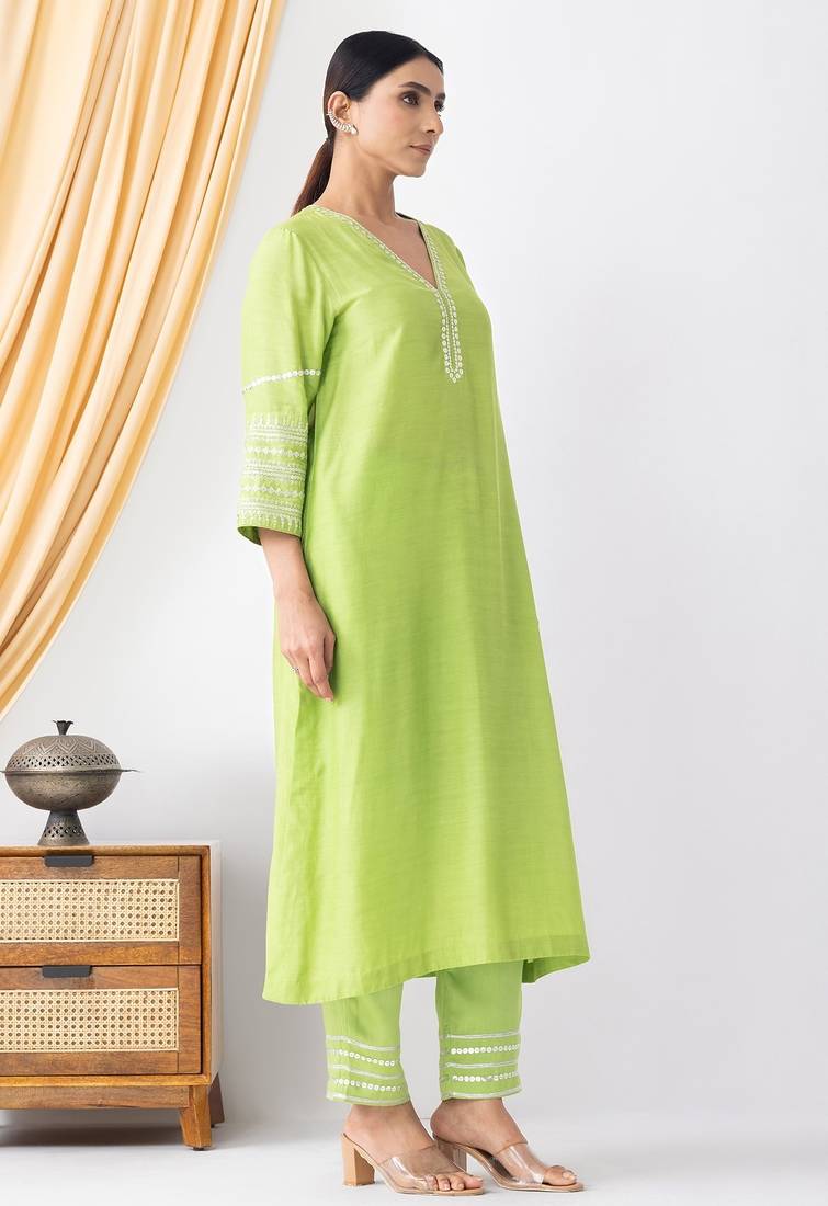 Light green art silk sequins work kurta set
