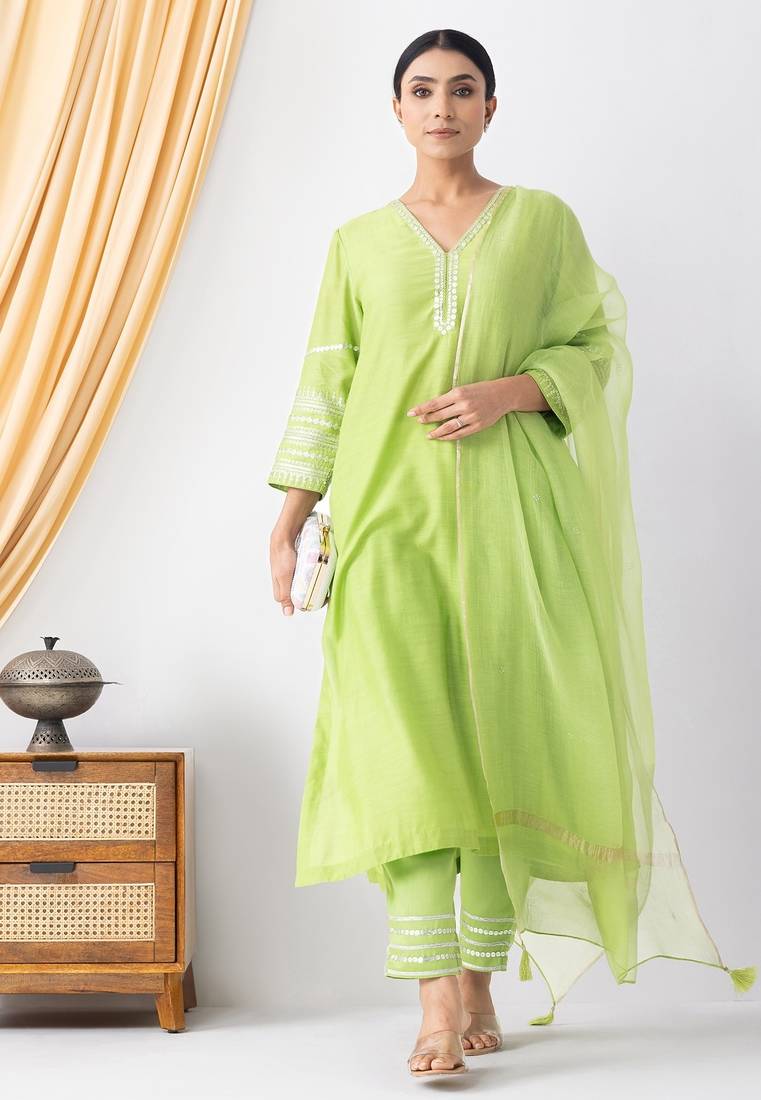 Light green art silk sequins work kurta set