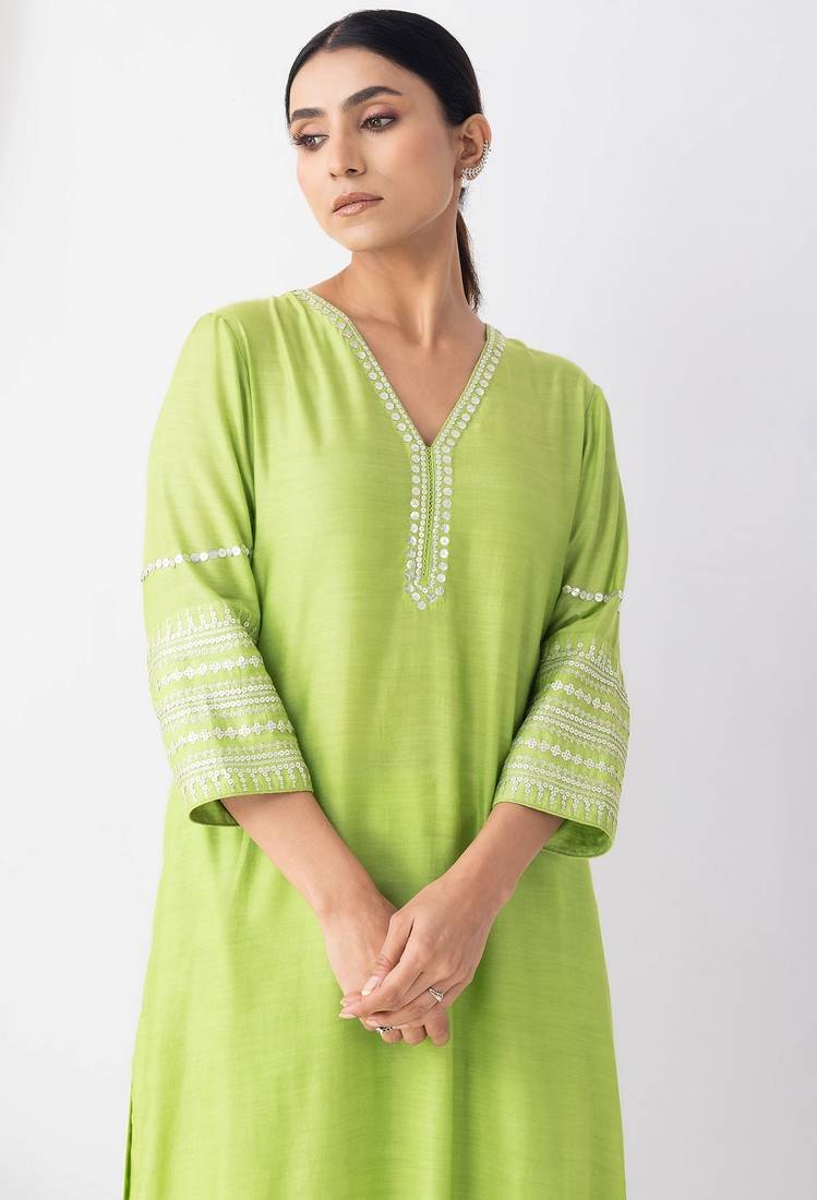 Light green art silk sequins work kurta set