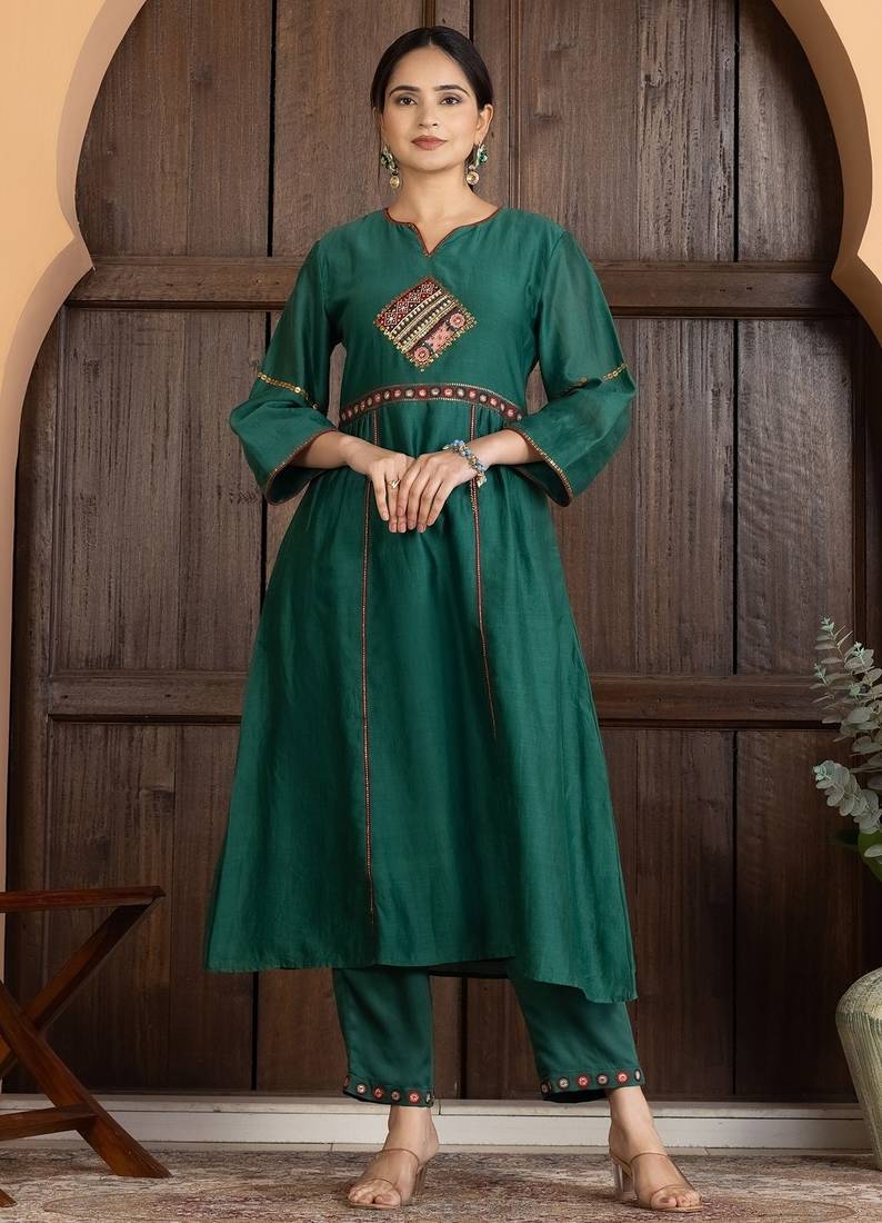 Green chanderi silk hand embroidery kurta set