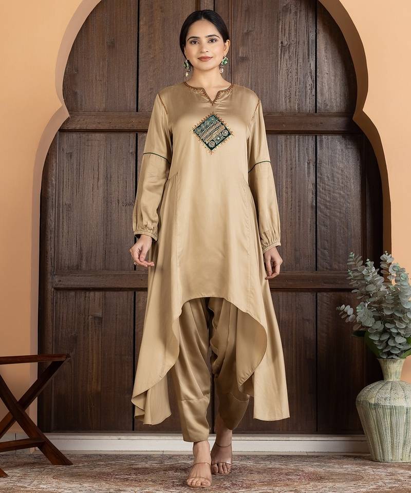 Beige modal hand embroidery kurta set