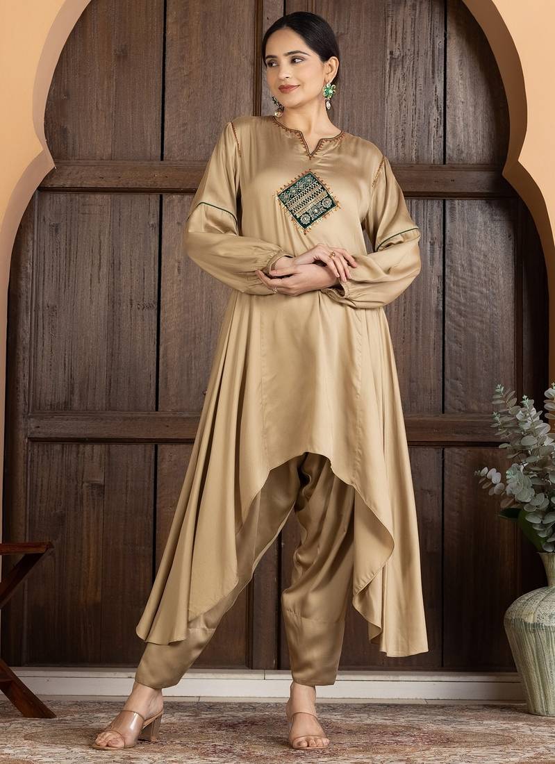 Beige modal hand embroidery kurta set