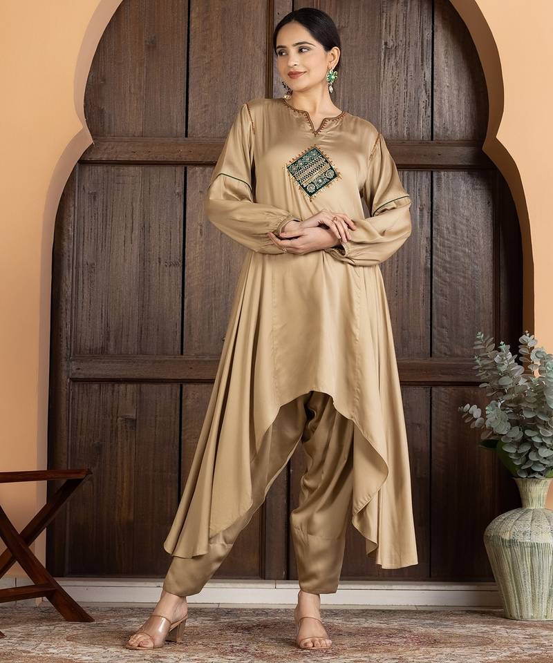 Beige modal hand embroidery kurta set