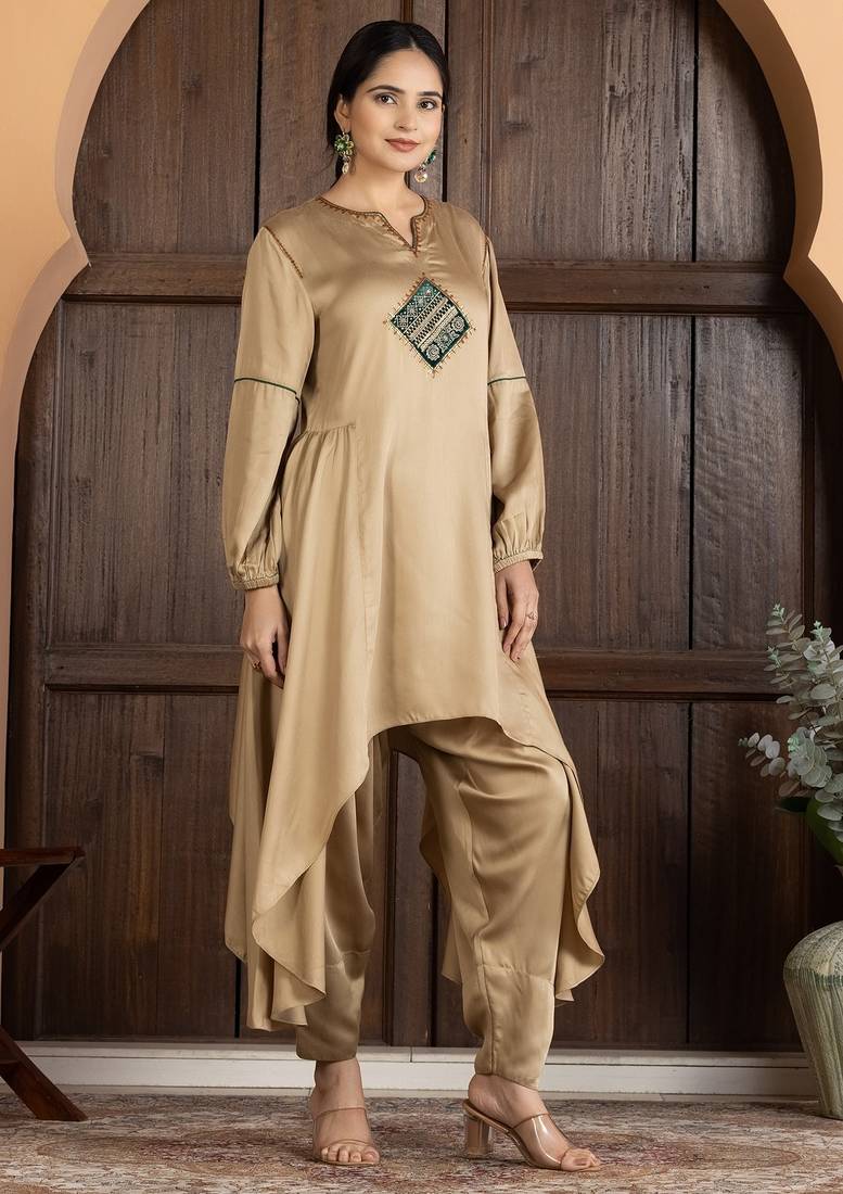 Beige modal hand embroidery kurta set