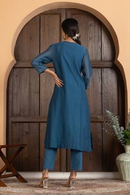Blue chanderi silk plain kurta set 2