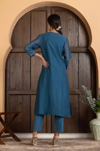 Blue chanderi silk plain kurta set