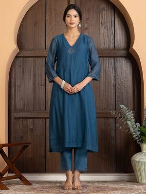 Blue chanderi silk plain kurta set 3