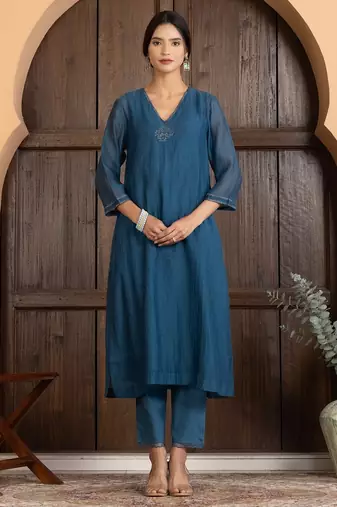 Blue chanderi silk plain kurta set