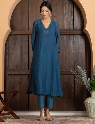 Blue chanderi silk plain kurta set 4