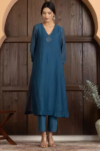 Blue chanderi silk plain kurta set
