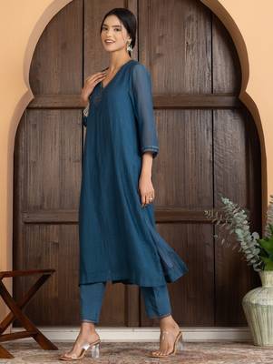 Blue chanderi silk plain kurta set 5