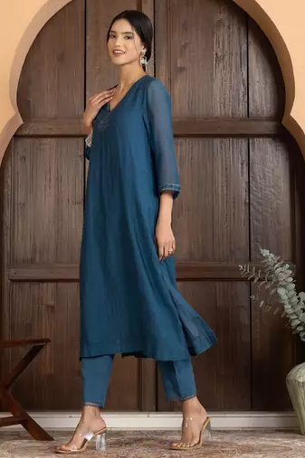 Blue chanderi silk plain kurta set