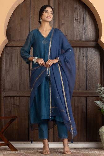 Blue chanderi silk plain kurta set