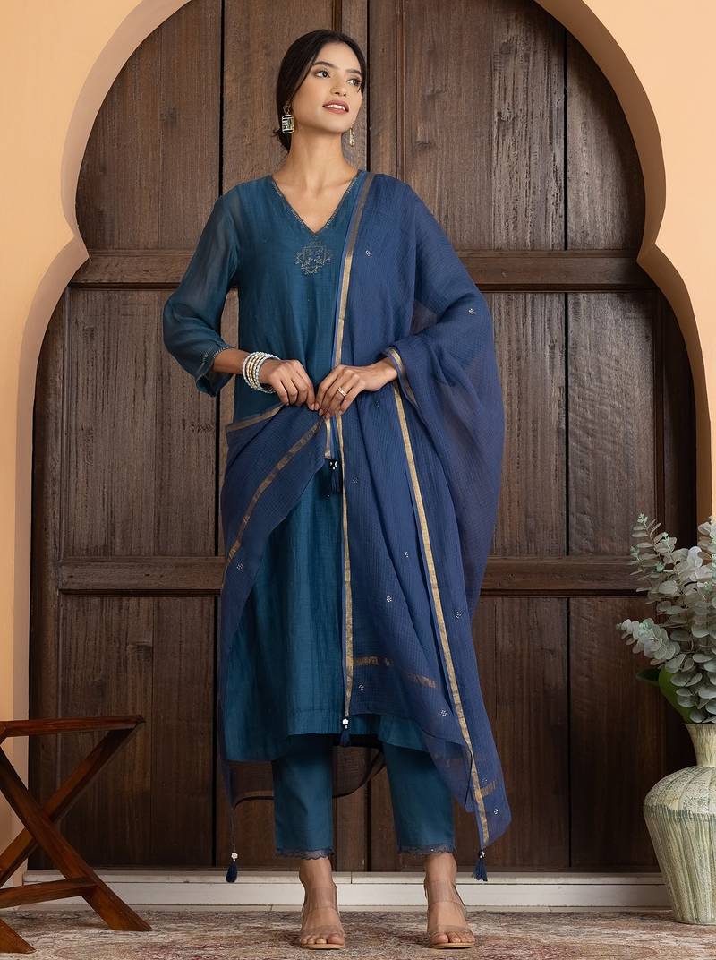 Blue chanderi silk plain kurta set